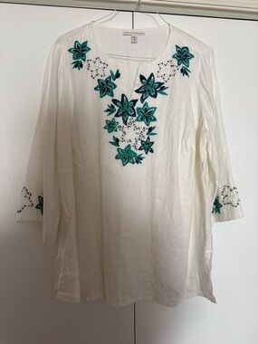 JM Collection White Linen Tunic with Teal Floral Embroidery